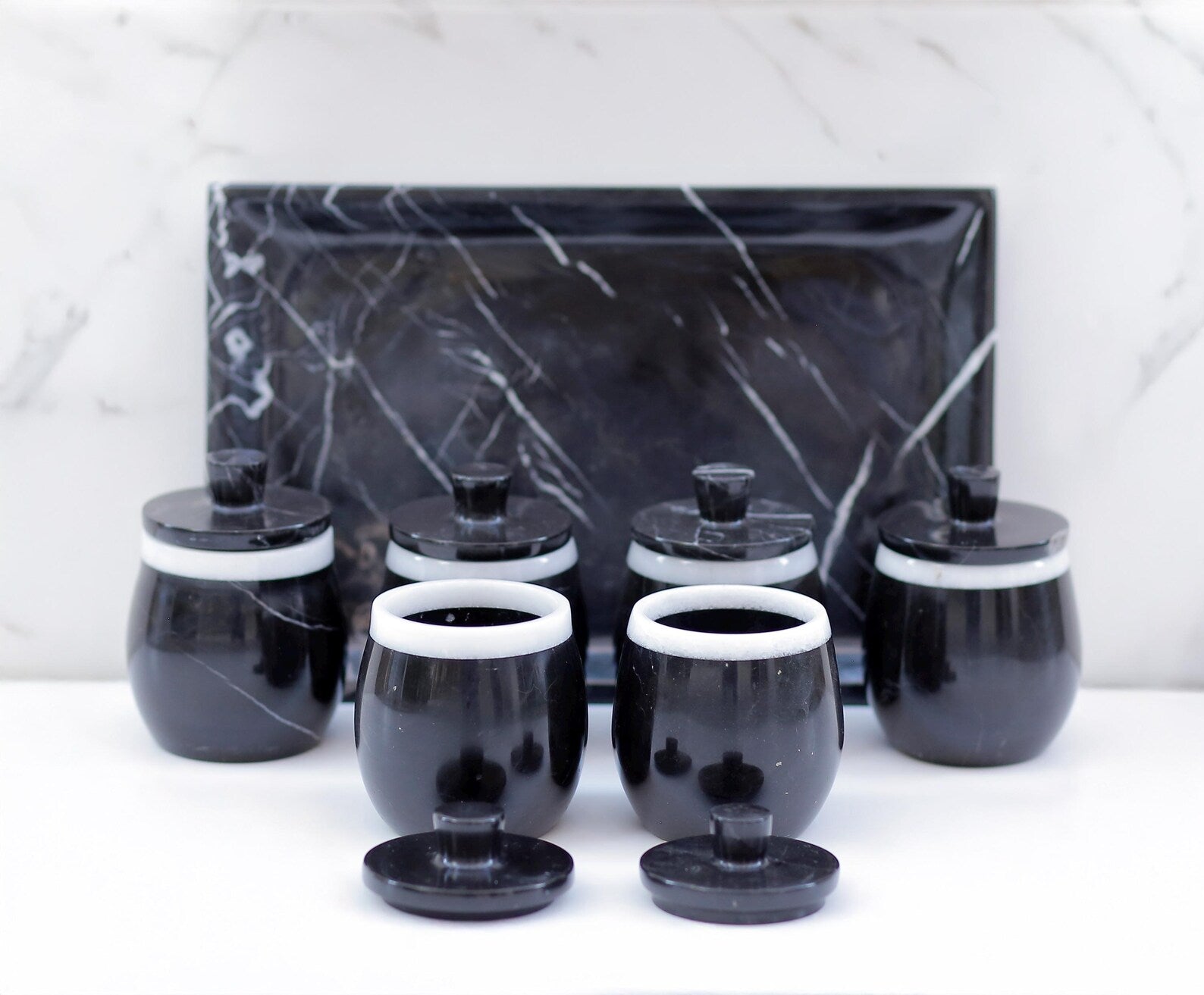DOMINA 7-Piece Handmade Black Marble Spice Canister Set with Tray – Luxury Round Jars Type B | Ege Home Decor
