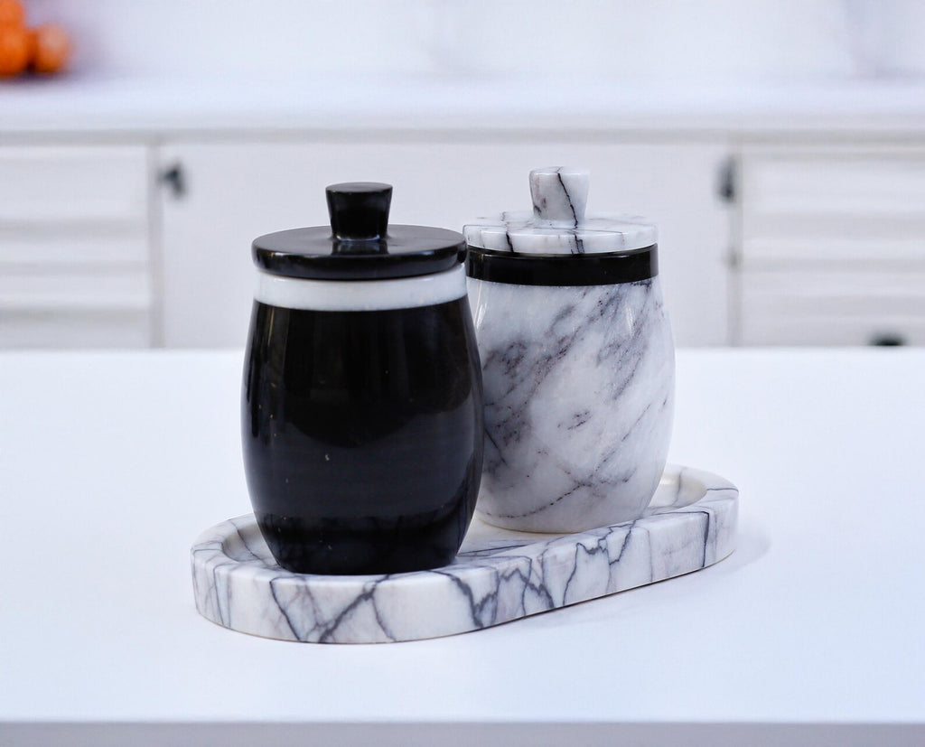 DOMINA 3-Piece Veined White & Black Marble Jar Set with Tray – Salt Cellar & Sugar Pot | Ege Home Decor