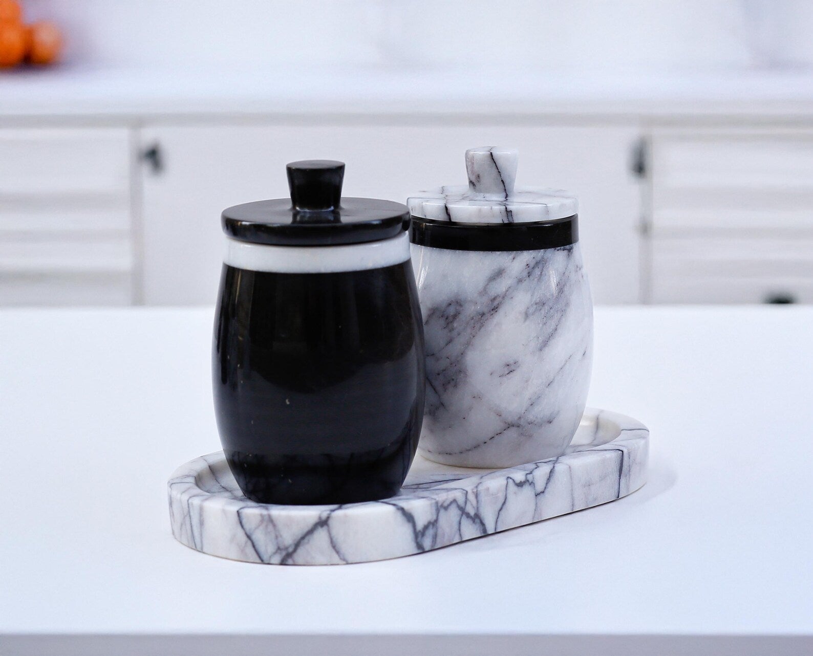 DOMINA 3-Piece Veined White & Black Marble Jar Set with Tray – Salt Cellar & Sugar Pot | Ege Home Decor