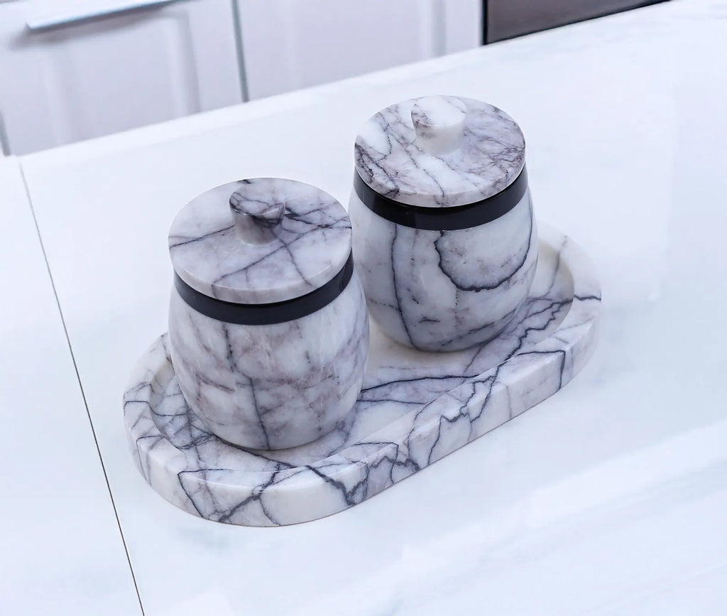 DOMINA 3-Piece Veined White Marble Jar Set with Tray – Handmade Salt Cellar & Sugar Pot | Ege Home Decor