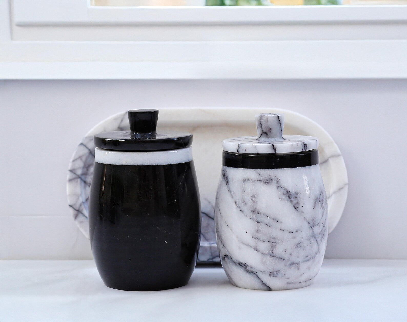 DOMINA 3-Piece Veined White & Black Marble Jar Set with Tray – Salt Cellar & Sugar Pot | Ege Home Decor