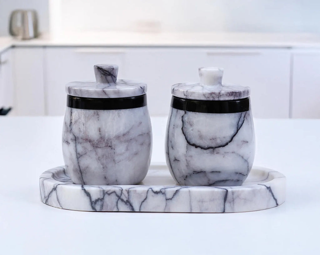 DOMINA 3-Piece Veined White Marble Jar Set with Tray – Handmade Salt Cellar & Sugar Pot | Ege Home Decor