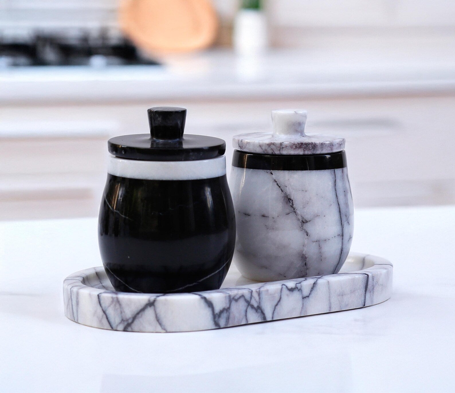 DOMINA 3-Piece Veined White & Black Marble Jar Set with Tray – Salt Cellar & Sugar Pot | Ege Home Decor