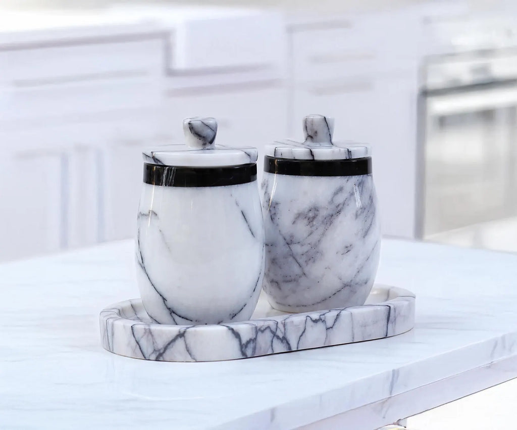 DOMINA 3-Piece Veined White Marble Jar Set with Tray – Handmade Salt Cellar & Sugar Pot | Ege Home Decor