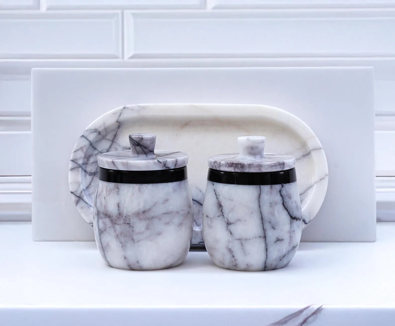 DOMINA 3-Piece Veined White Marble Jar Set with Tray – Handmade Salt Cellar & Sugar Pot | Ege Home Decor