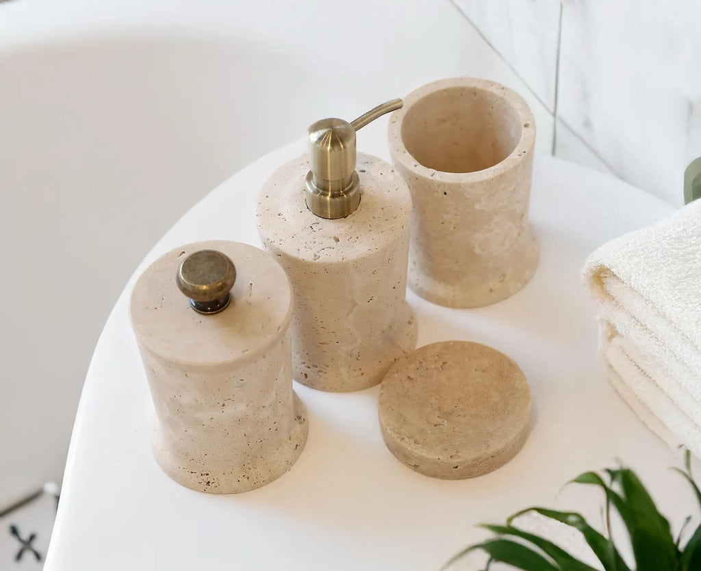 CHARIS Beige Travertine Marble Bathroom Accessories Set – Conical Design with Stainless Steel Pump | Ege Home Decor