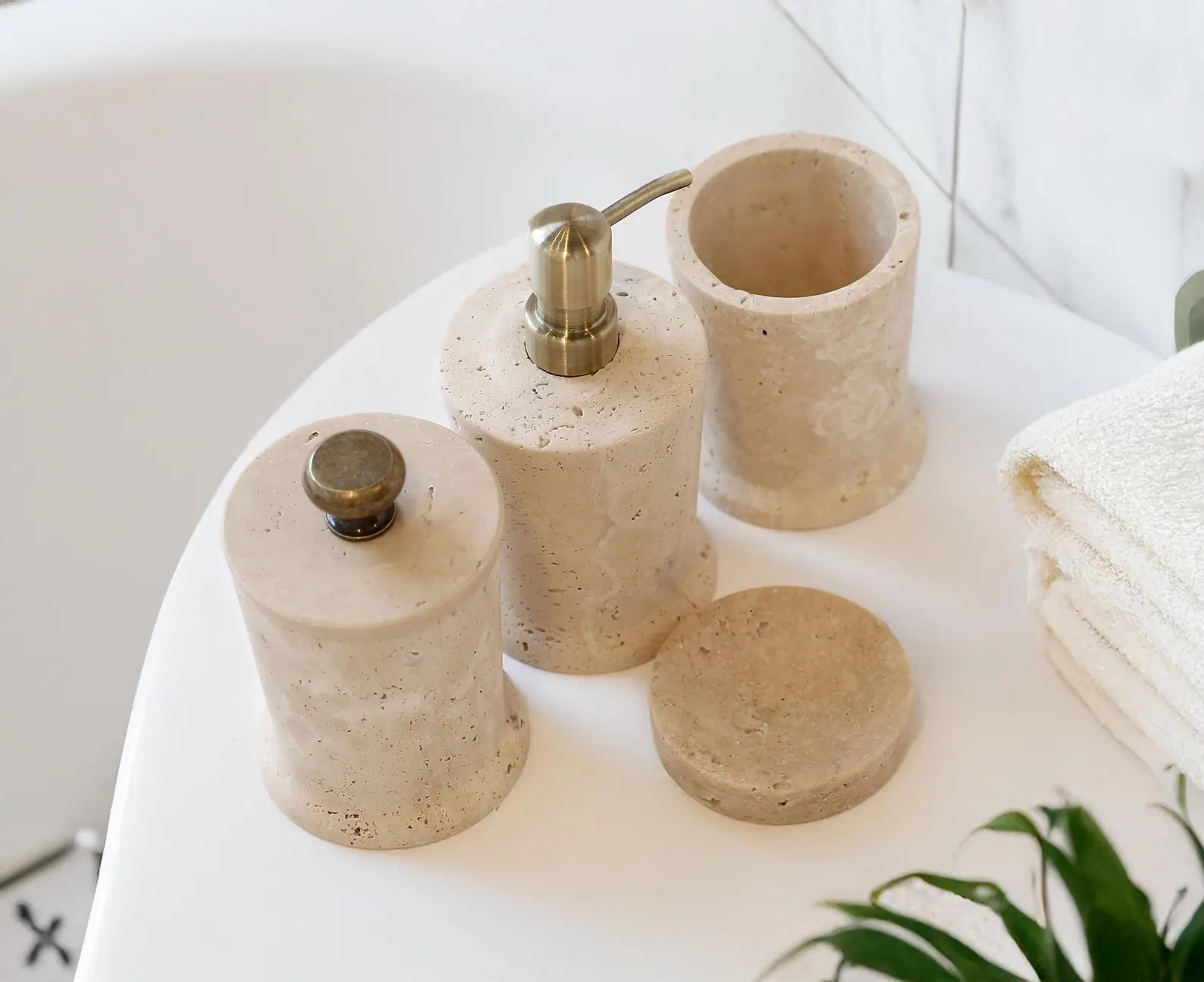 CHARIS Beige Travertine Marble Bathroom Accessories Set – Conical Design with Stainless Steel Pump | Ege Home Decor