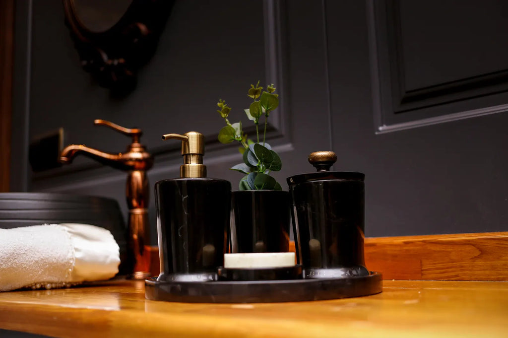 CHARIS Handmade Black Marble Bathroom Accessories Set with Tray – Stainless Steel Pump | Ege Home Decor