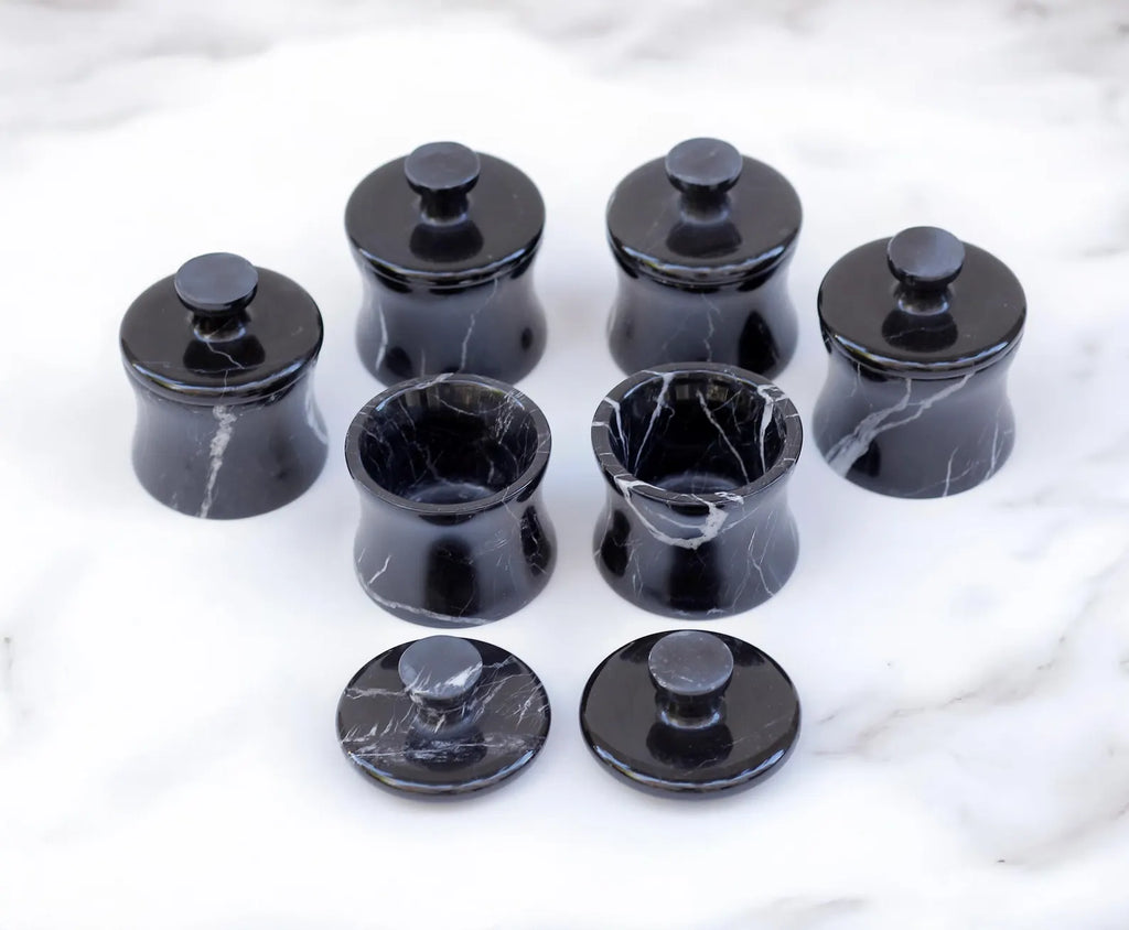 CLEMENZA 7-Piece Handcrafted Black Marble Spice Canister Set with Tray – Modern Jars with Lid – Compact Design | Ege Home Decor