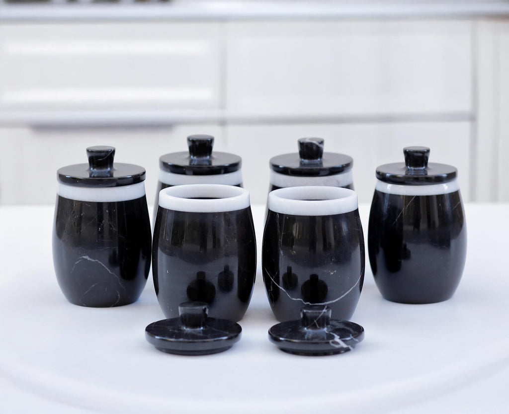 DOMINA 7-Piece Handcrafted Black Marble Spice Jar Set with Tray – Luxury Canisters with Lid - Type A