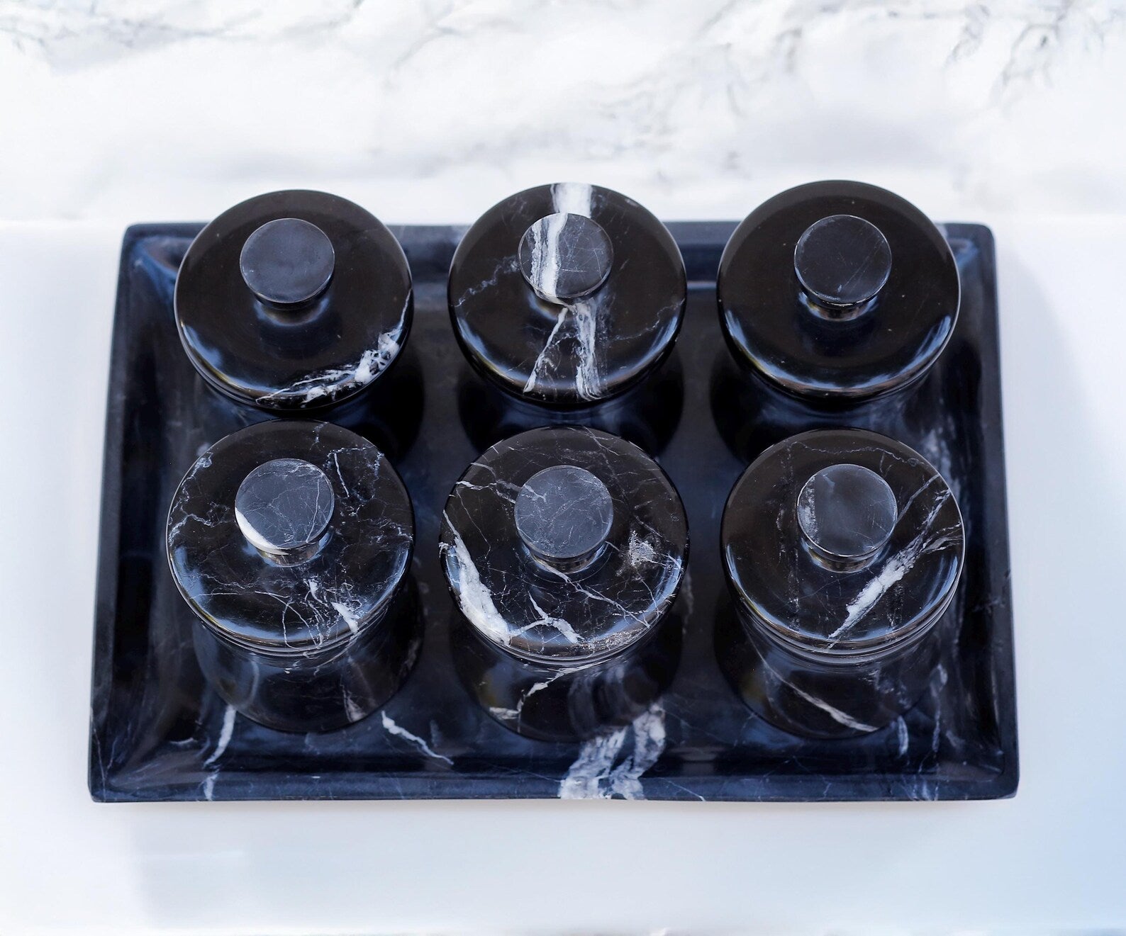 CLEMENZA 7-Piece Handmade Black Marble Spice Jar Set with Tray – Elegant Canisters with Lid – Tall Design | Ege Home Decor