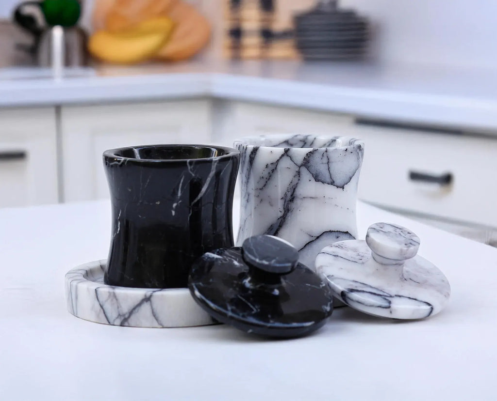 CLEMENZA 3-Piece Handmade Marble Jar Set with Tray – Black & White Marble Salt Cellar | Ege Home Decor
