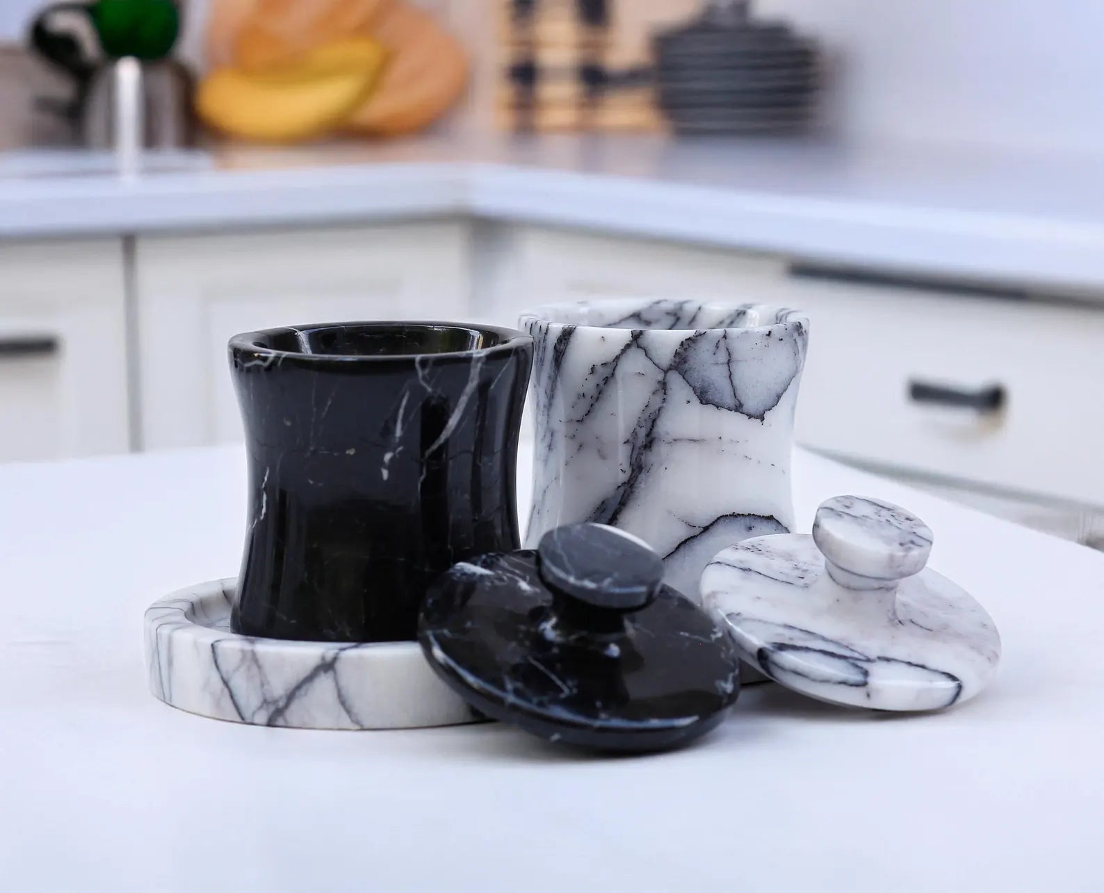 CLEMENZA 3-Piece Handmade Marble Jar Set with Tray – Black & White Marble Salt Cellar | Ege Home Decor