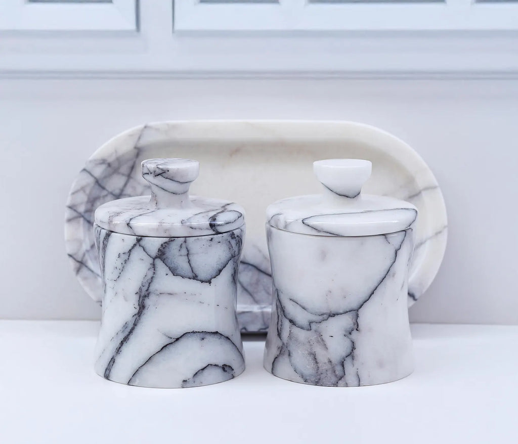 CLEMENZA 3-Piece Veined White Marble Jar Set with Tray – Salt, Sugar, and Spice Storage | Ege Home Decor