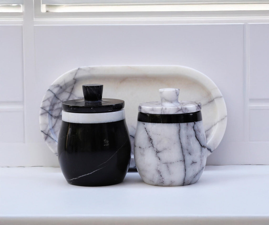 DOMINA 3-Piece Veined White & Black Marble Jar Set with Tray – Salt Cellar & Sugar Pot | Ege Home Decor