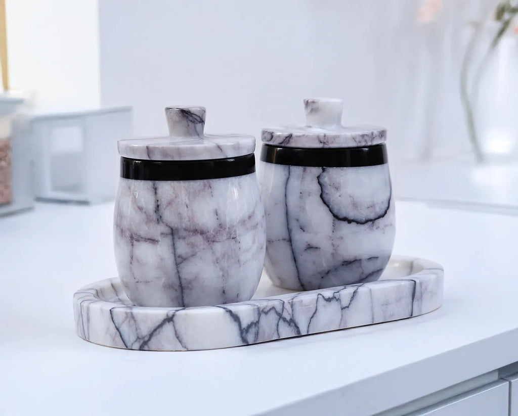 DOMINA 3-Piece Veined White Marble Jar Set with Tray – Handmade Salt Cellar & Sugar Pot | Ege Home Decor