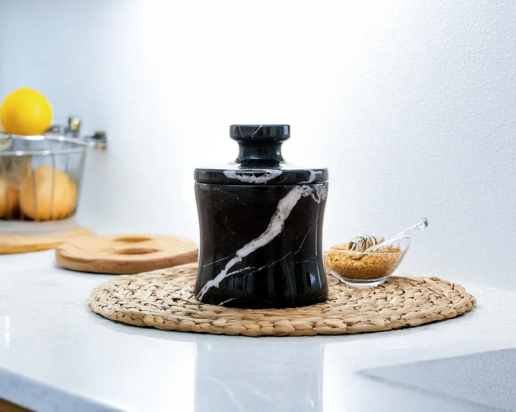 CLEMENZA Black Marble Jar with Lid – Handcrafted Marble Salt Cellar, Stone Canister – Compact Design | Ege Home Decor