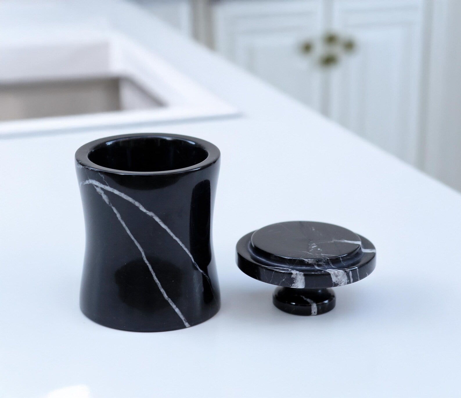CLEMENZA Black Marble Salt Cellar – Handcrafted Marble Jar with Lid, Stone Canister (Tall Design) | Ege Home Decor
