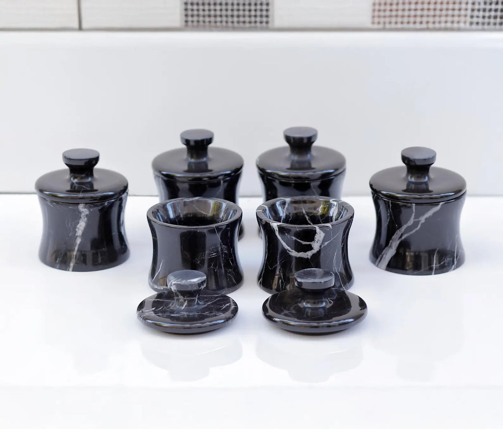 CLEMENZA 7-Piece Handcrafted Black Marble Spice Canister Set with Tray – Modern Jars with Lid – Compact Design | Ege Home Decor
