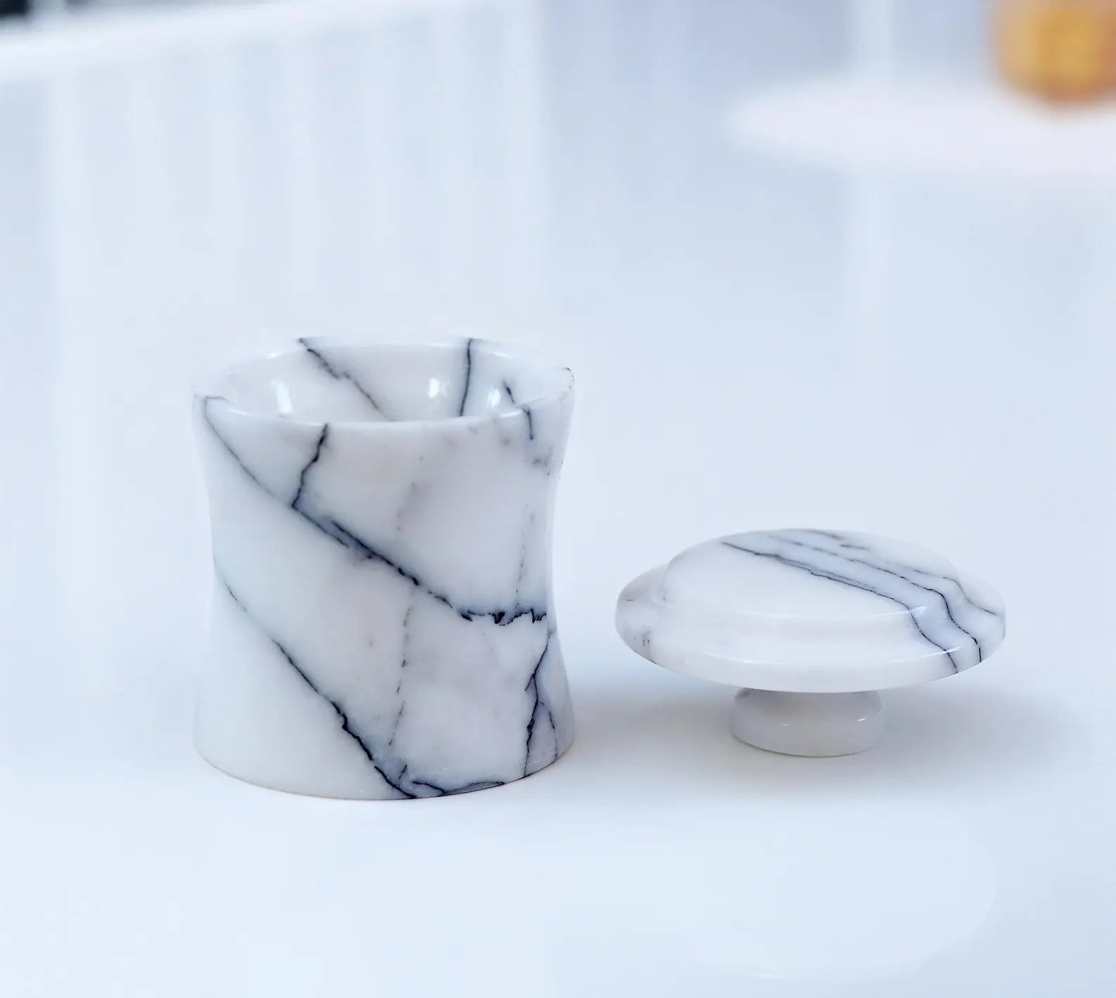CLEMENZA Veined White Marble Spice Canister – Handcrafted Marble Jar with Lid, Stone Salt Cellar – Tall Design | Ege Home Decor