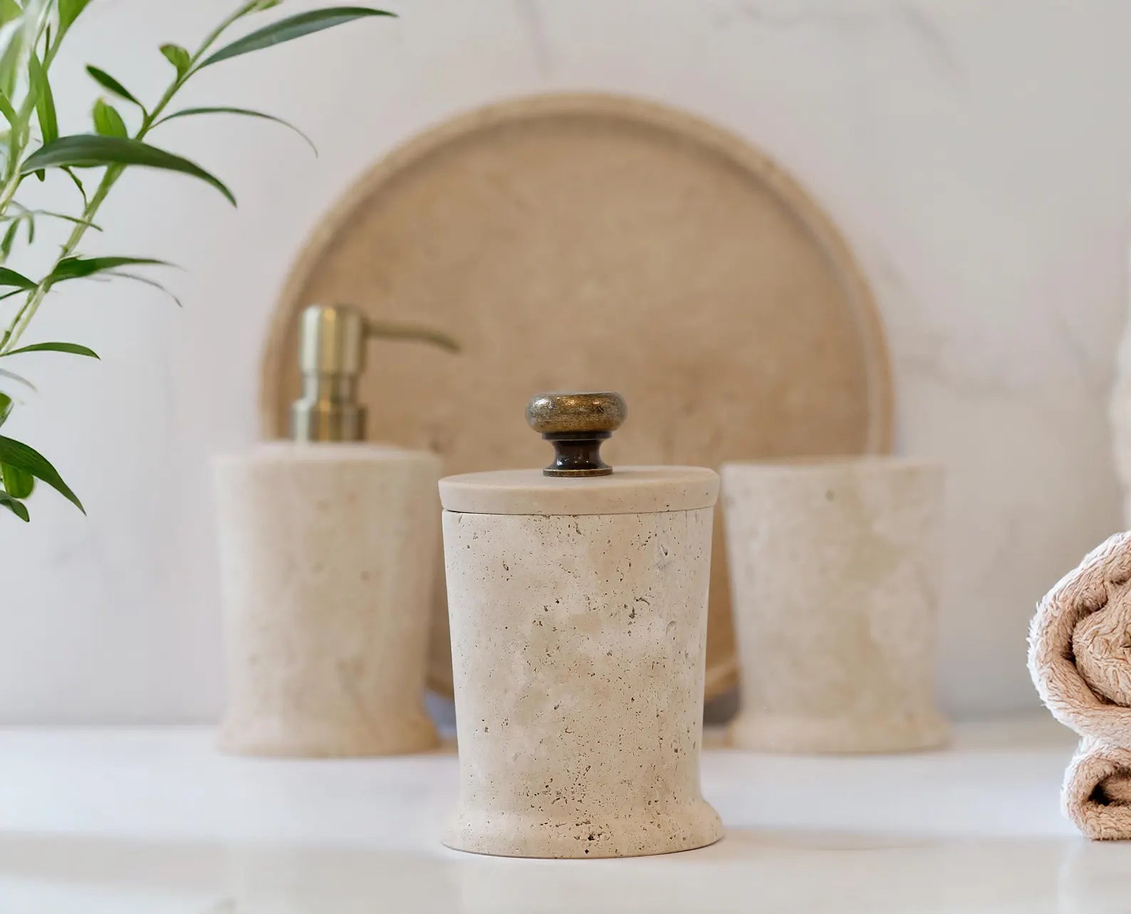 CHARIS Beige Travertine Marble Bathroom Accessories Set – Conical Design with Stainless Steel Pump | Ege Home Decor