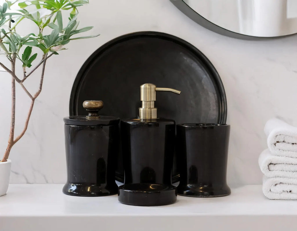 CHARIS Handmade Black Marble Bathroom Accessories Set with Tray – Stainless Steel Pump | Ege Home Decor