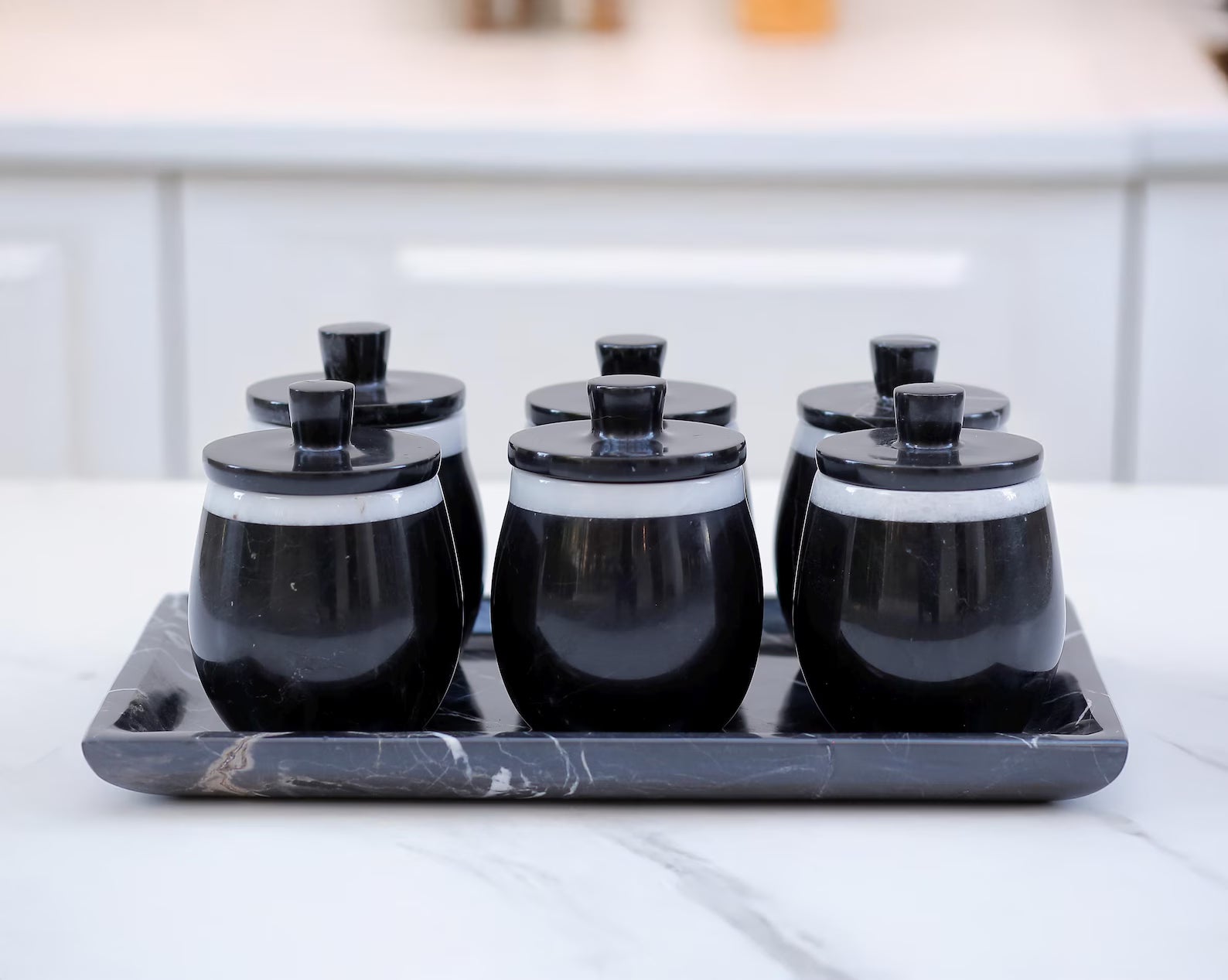 DOMINA 7-Piece Handmade Black Marble Spice Canister Set with Tray – Luxury Round Jars Type B | Ege Home Decor