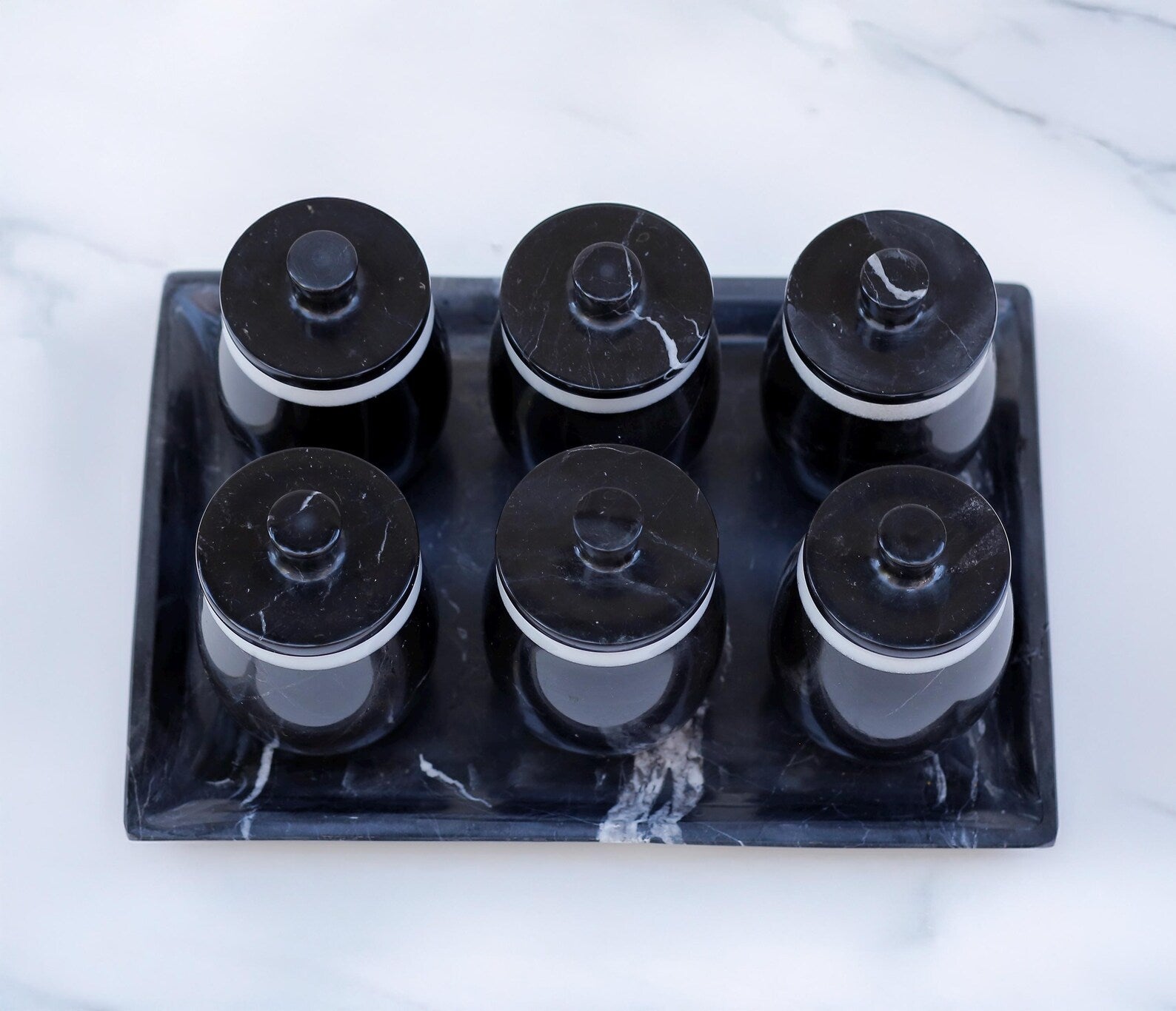 DOMINA 7-Piece Handcrafted Black Marble Spice Jar Set with Tray – Luxury Canisters with Lid - Type A