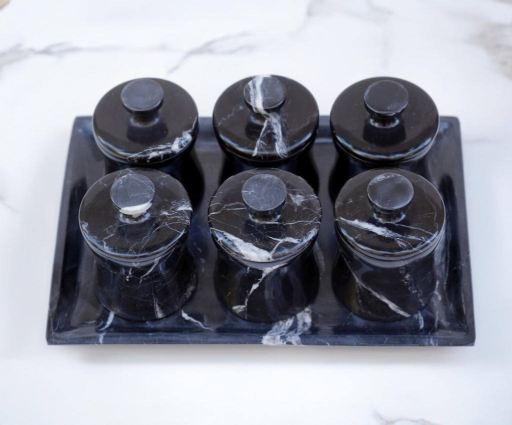 CLEMENZA 7-Piece Handmade Black Marble Spice Jar Set with Tray – Elegant Canisters with Lid – Tall Design | Ege Home Decor