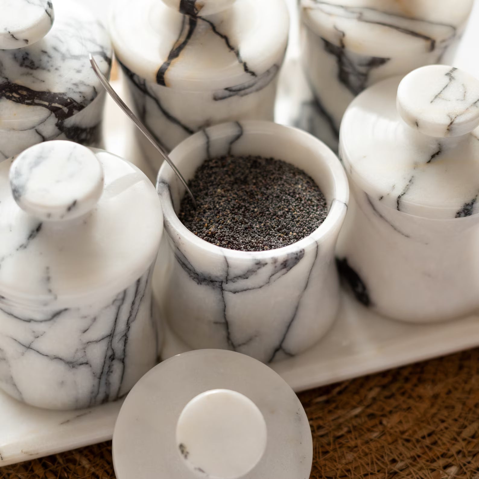 CLEMENZA 7-Piece Handmade Marble Spice Jar Set with Tray – Elegant Canisters with Lid | Ege Home Decor