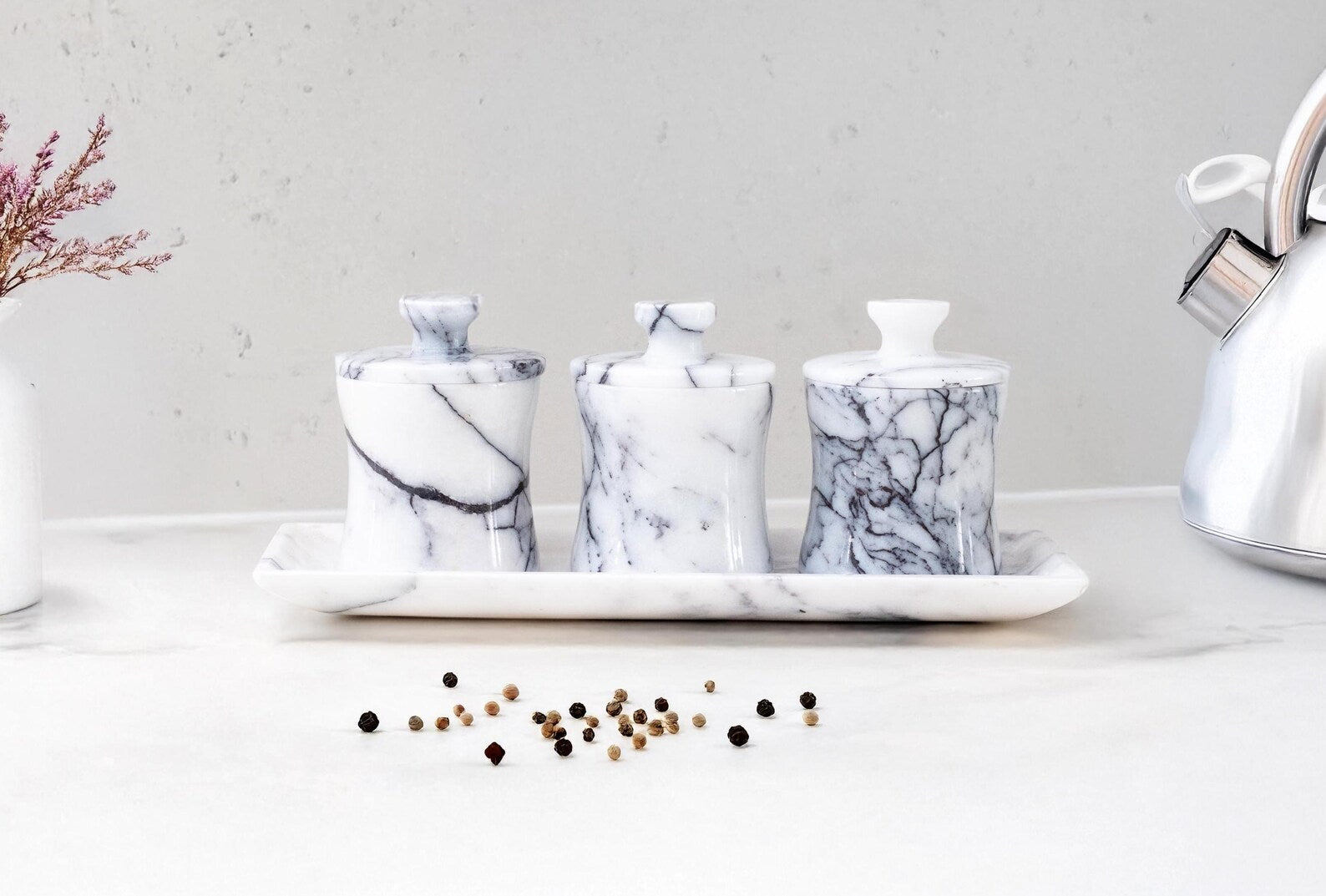 CLEMENZA 4-Piece Handcrafted Veined White Marble Spice Jar Set with Tray – Stone Canisters with Lid | Ege Home Decor