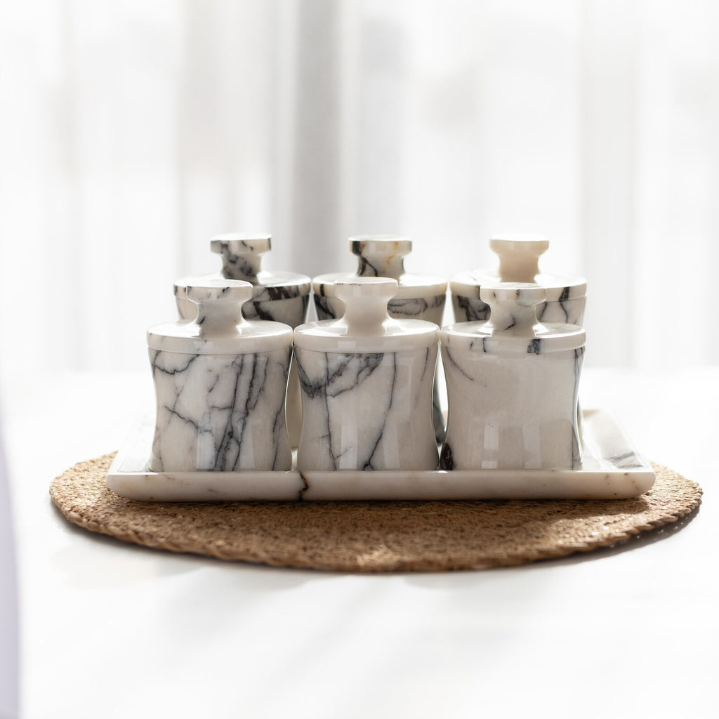 CLEMENZA 7-Piece Handmade Marble Spice Jar Set with Tray – Elegant Canisters with Lid | Ege Home Decor
