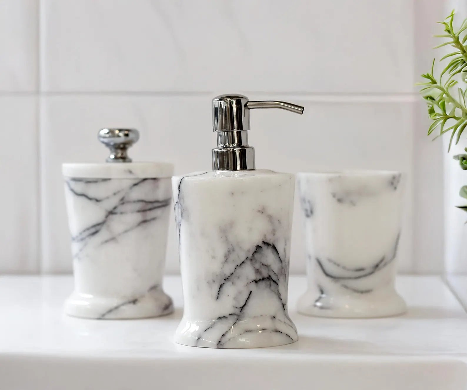 CHARIS 5-Piece Veined White Marble Bathroom Accessories Set with Tray – Stainless Steel Pump | Ege Home Decor