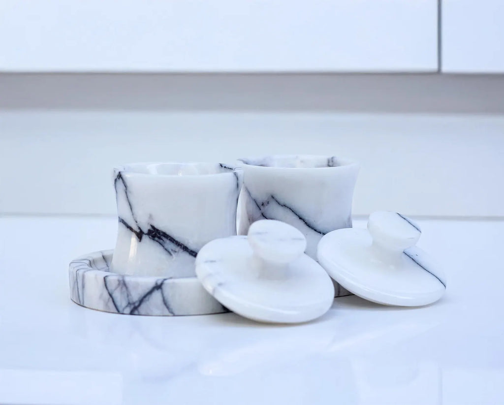 CLEMENZA 3-Piece Veined White Marble Jar Set with Tray – Salt, Sugar, and Spice Storage | Ege Home Decor