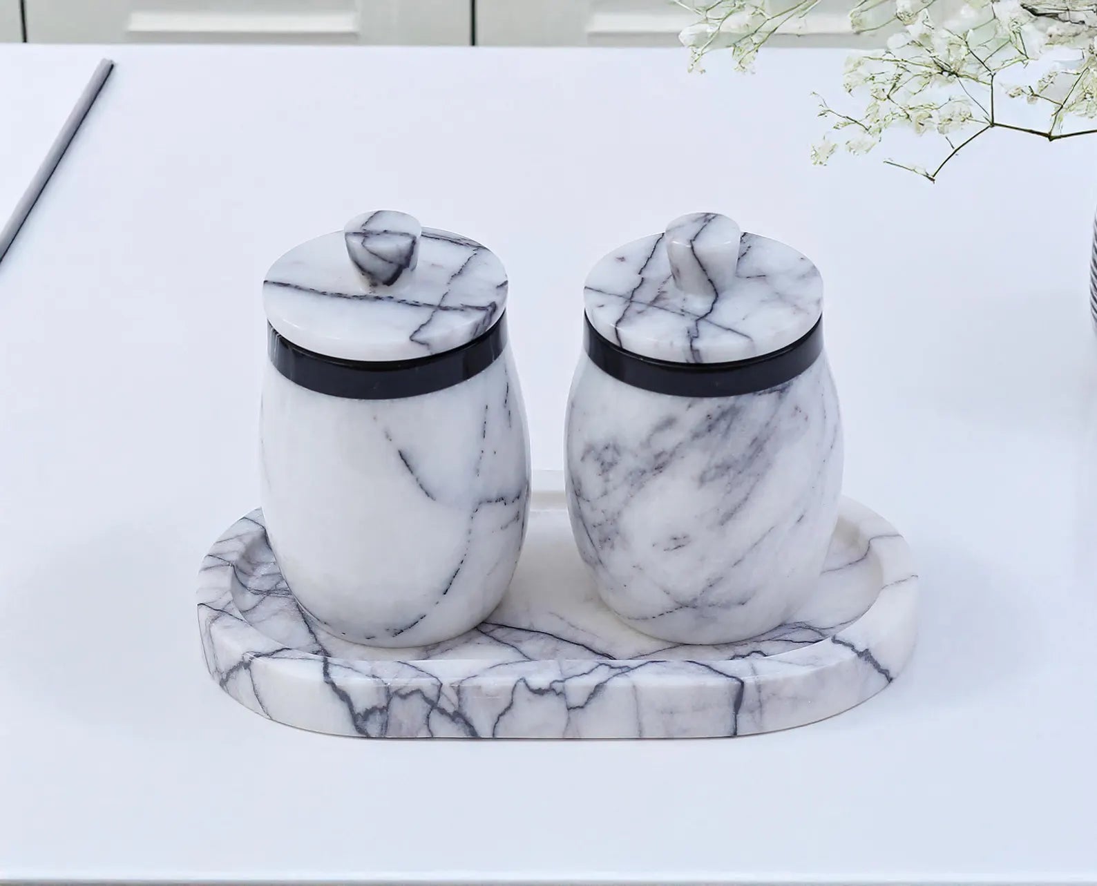 DOMINA 3-Piece Veined White Marble Jar Set with Tray – Handmade Salt Cellar & Sugar Pot | Ege Home Decor
