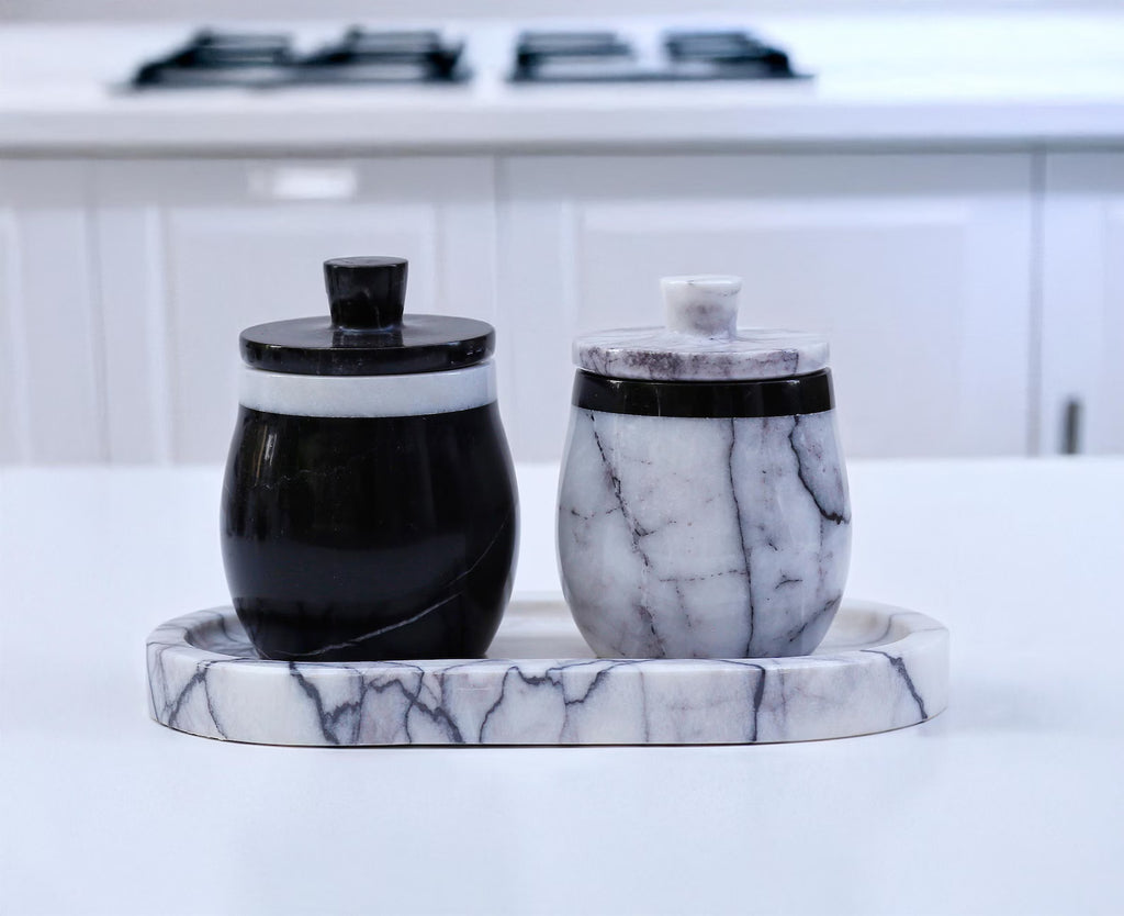 DOMINA 3-Piece Veined White & Black Marble Jar Set with Tray – Salt Cellar & Sugar Pot | Ege Home Decor
