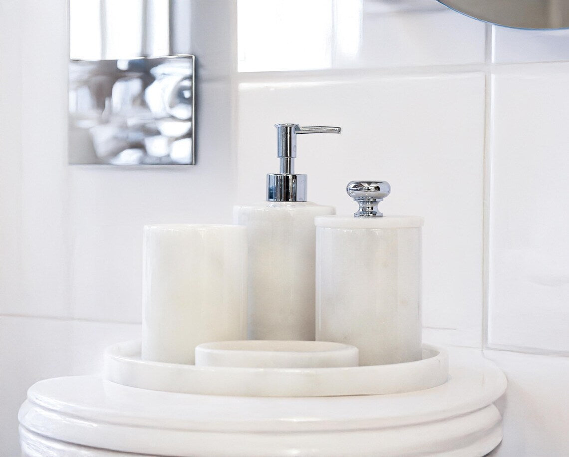 AURUM 5-Piece White Marble Bathroom Accessories Set With Tray | Ege Home Decor