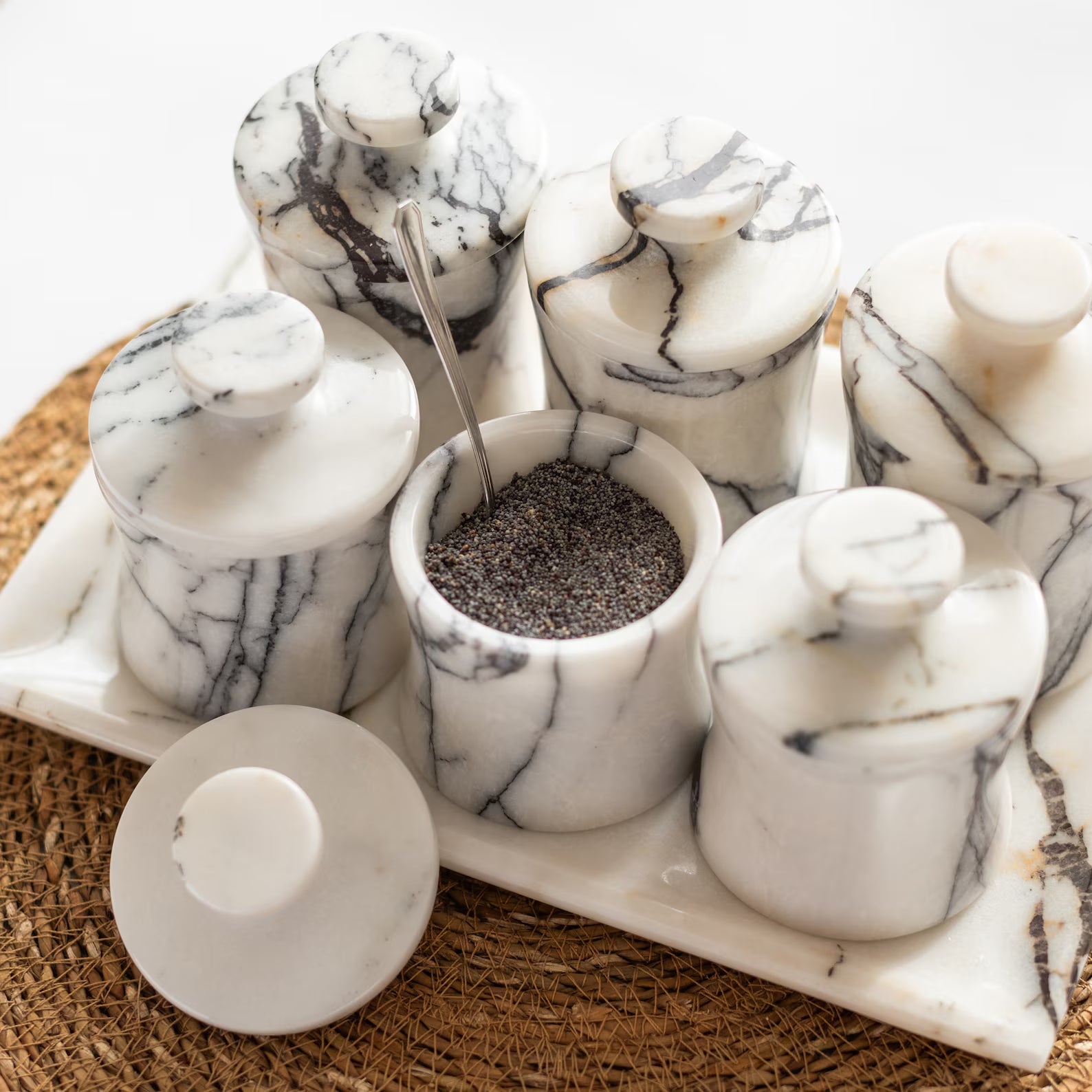 CLEMENZA 7-Piece Handmade Marble Spice Jar Set with Tray – Elegant Canisters with Lid | Ege Home Decor