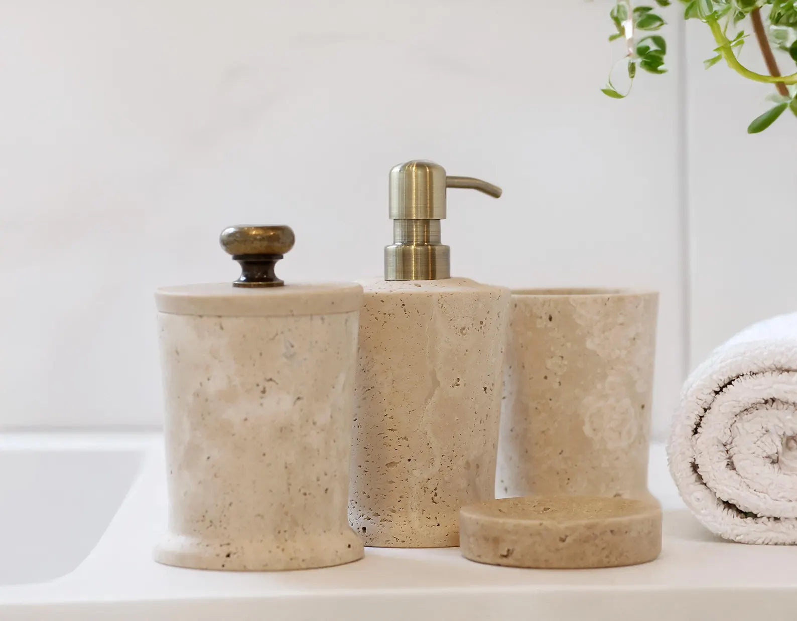 CHARIS Beige Travertine Marble Bathroom Accessories Set – Conical Design with Stainless Steel Pump | Ege Home Decor