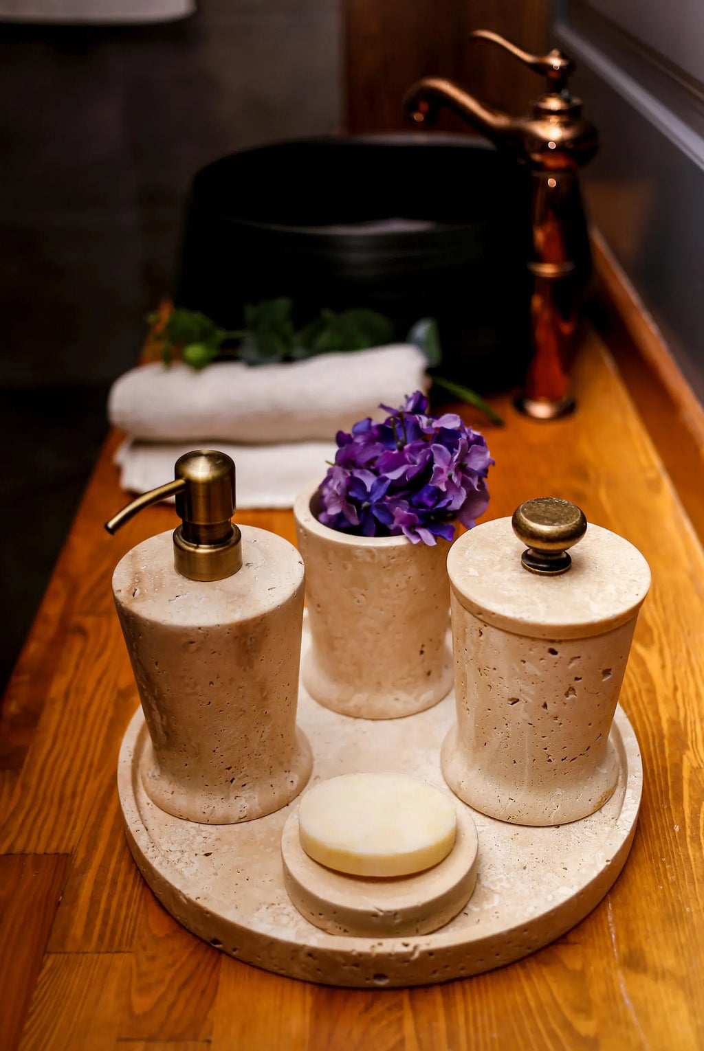 CHARIS Beige Travertine Marble Bathroom Accessories Set – Conical Design with Stainless Steel Pump | Ege Home Decor