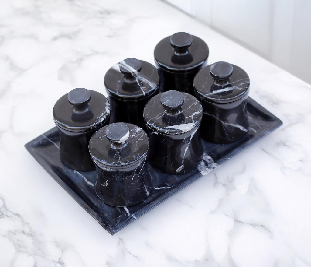 CLEMENZA 7-Piece Handmade Black Marble Spice Jar Set with Tray – Elegant Canisters with Lid – Tall Design | Ege Home Decor
