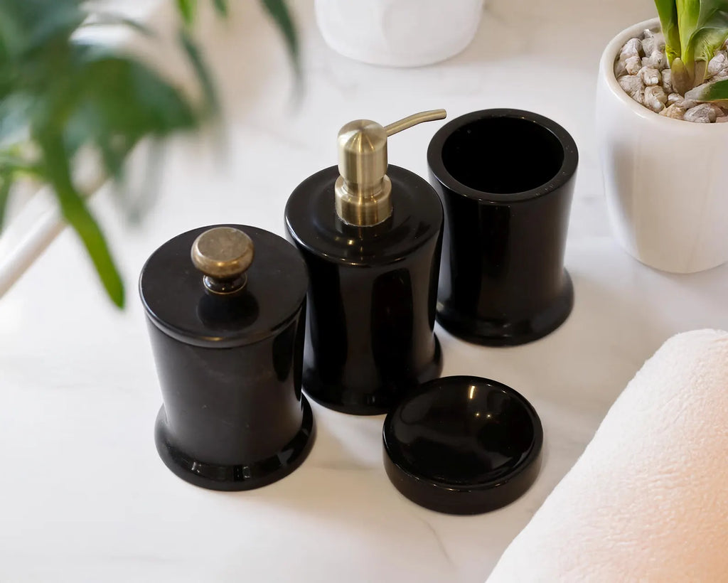 CHARIS Handmade Black Marble Bathroom Accessories Set with Tray – Stainless Steel Pump | Ege Home Decor