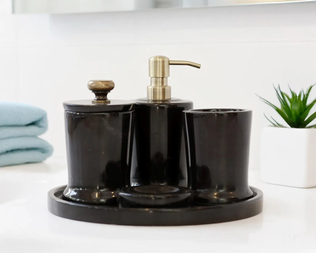 CHARIS Handmade Black Marble Bathroom Accessories Set with Tray – Stainless Steel Pump | Ege Home Decor