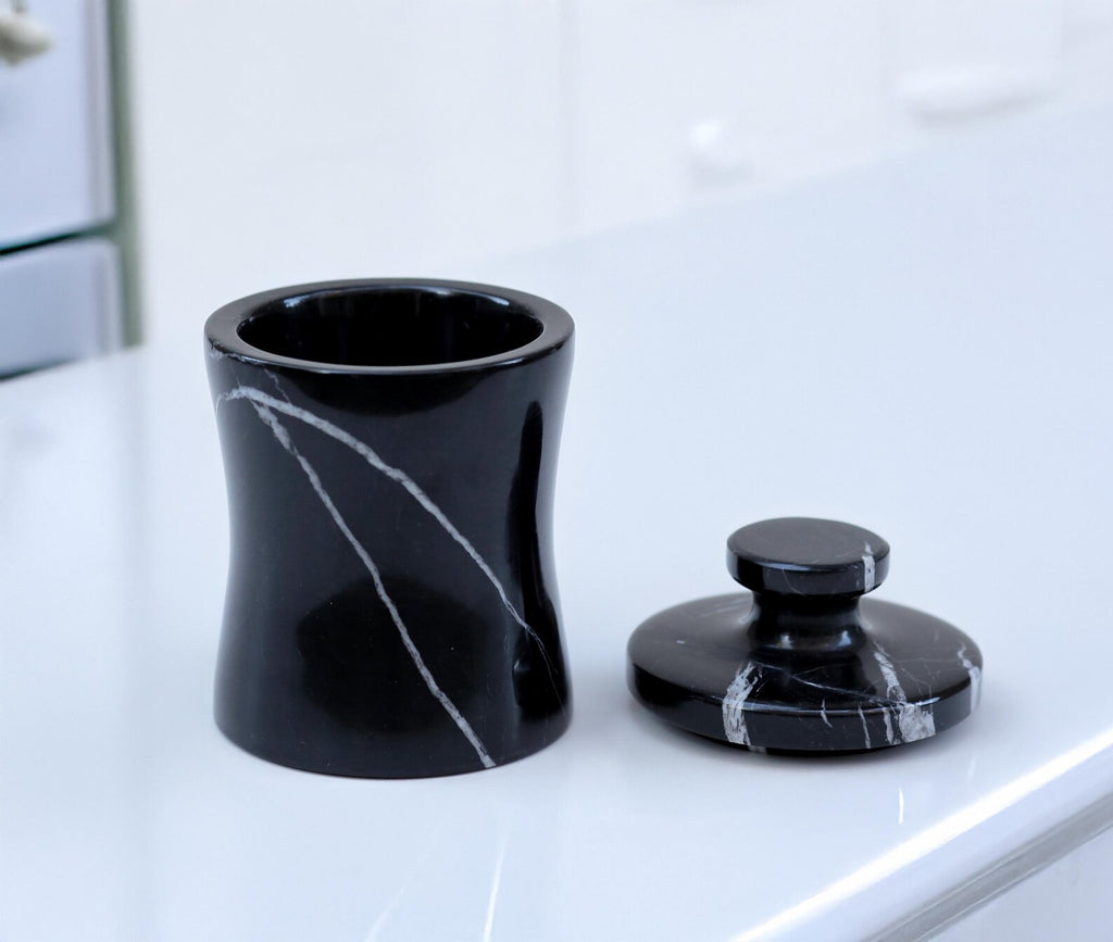 CLEMENZA Black Marble Salt Cellar – Handcrafted Marble Jar with Lid, Stone Canister (Tall Design) | Ege Home Decor