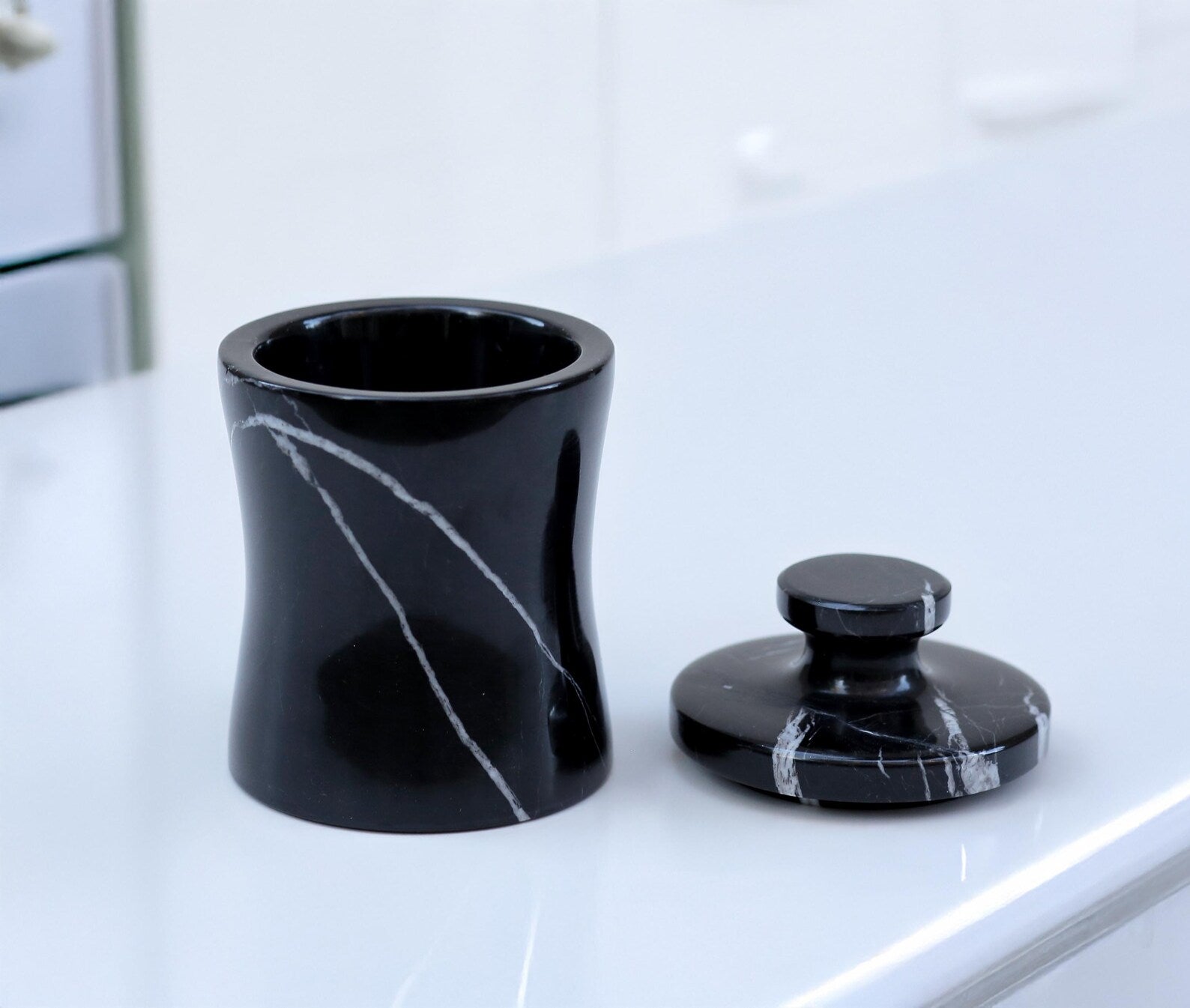 CLEMENZA Black Marble Salt Cellar – Handcrafted Marble Jar with Lid, Stone Canister (Tall Design) | Ege Home Decor