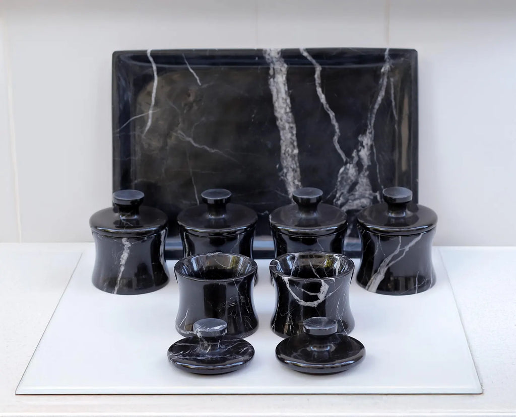 CLEMENZA 7-Piece Handcrafted Black Marble Spice Canister Set with Tray – Modern Jars with Lid – Compact Design | Ege Home Decor