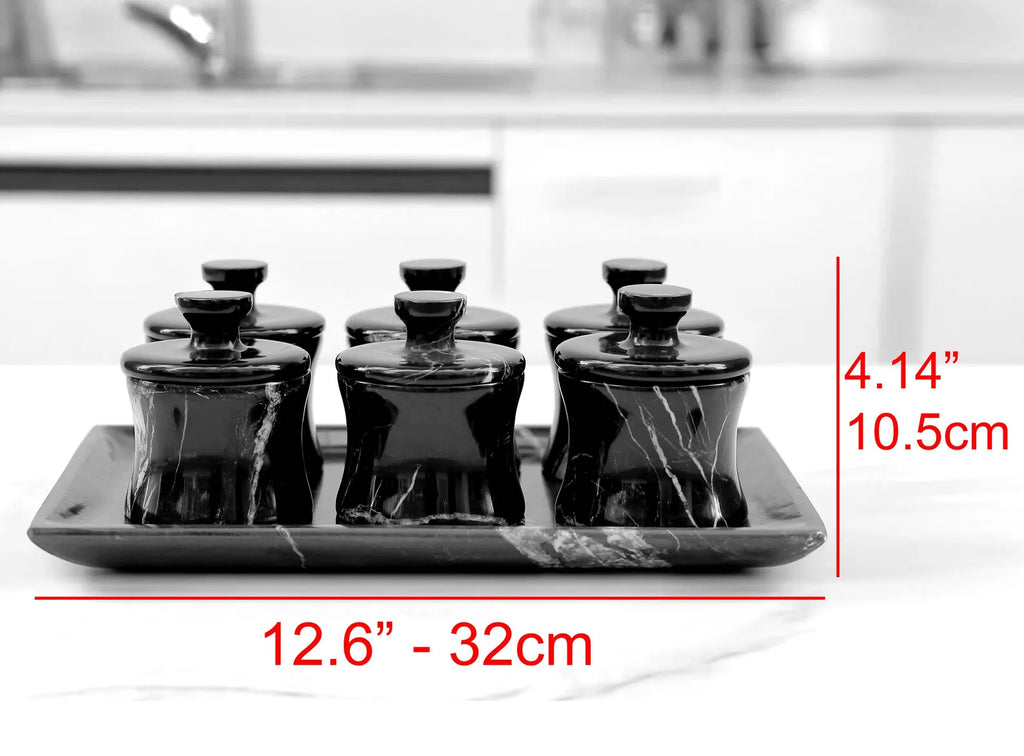 CLEMENZA 7-Piece Handcrafted Black Marble Spice Canister Set with Tray – Modern Jars with Lid – Compact Design | Ege Home Decor
