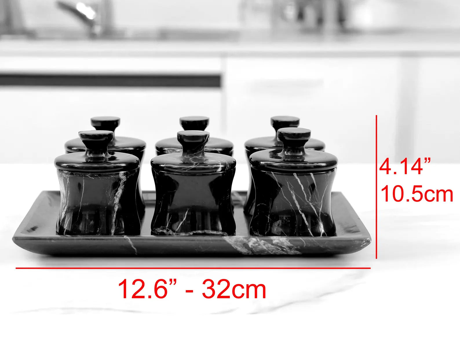 CLEMENZA 7-Piece Handcrafted Black Marble Spice Canister Set with Tray – Modern Jars with Lid – Compact Design | Ege Home Decor