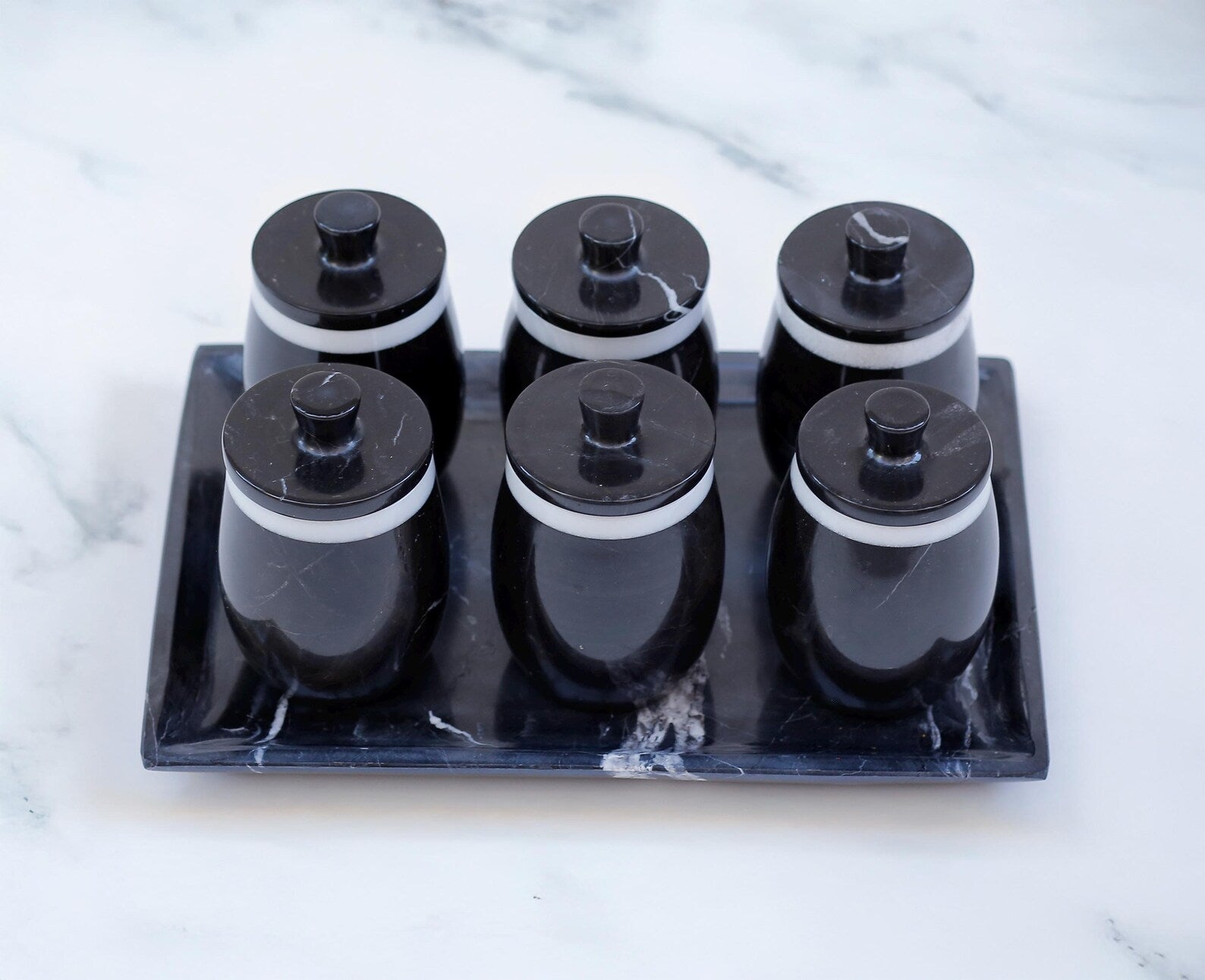 DOMINA 7-Piece Handcrafted Black Marble Spice Jar Set with Tray – Luxury Canisters with Lid - Type A
