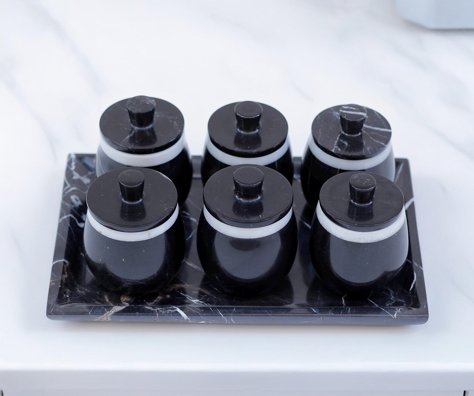 DOMINA 7-Piece Handmade Black Marble Spice Canister Set with Tray – Luxury Round Jars Type B | Ege Home Decor